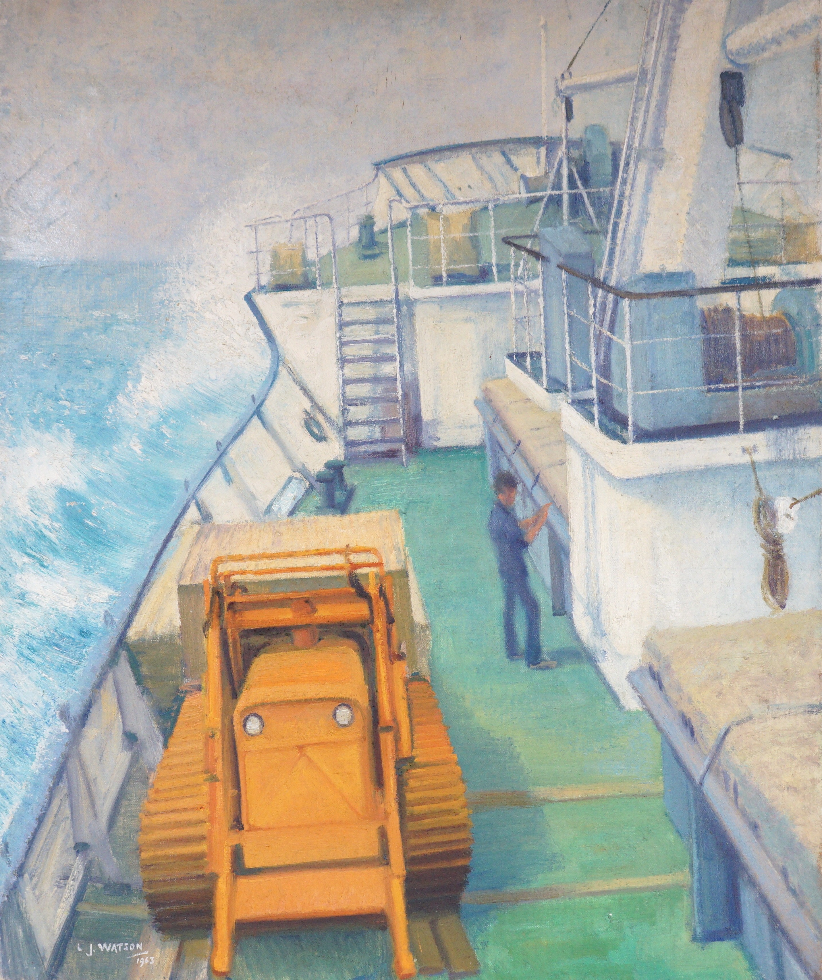 Leslie Joseph Watson (b.1906), Deck of a merchant ship, signed and dated 1963, 60 x 51cm, unframed